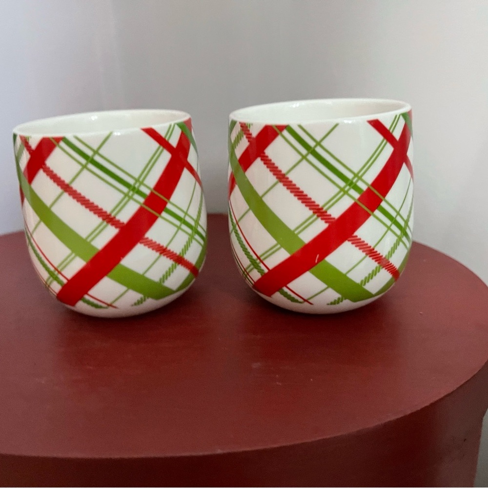 Crate and Barrel expresso or eggnog cups.  Two, holiday plaid.